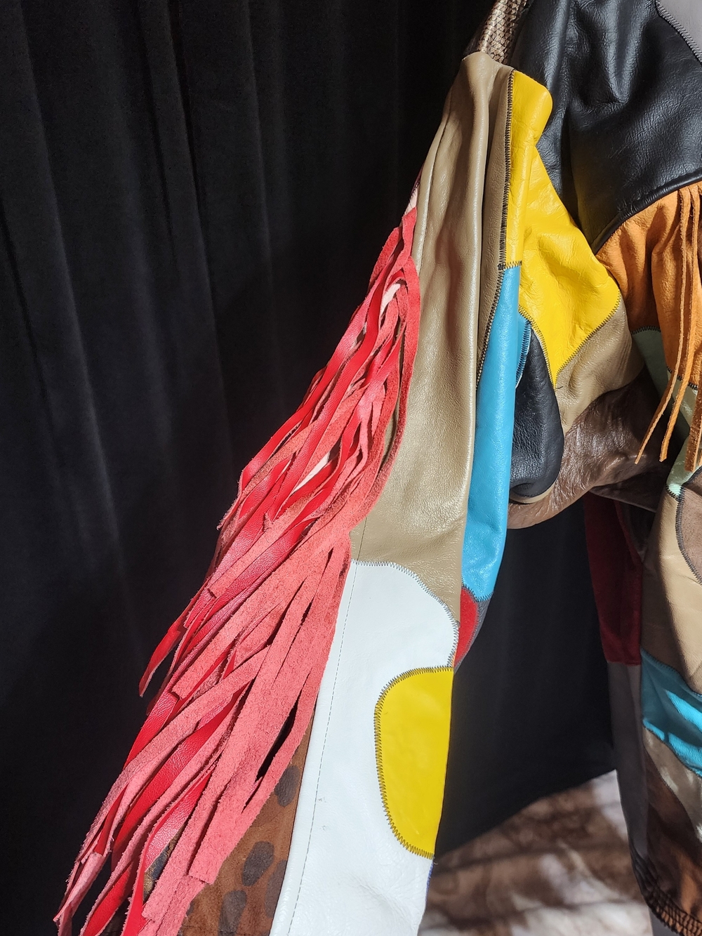 Vintage 80s Patchwork Leather Fringe Jacket Oversized Western Boho M/L - Picture 6 of 16
